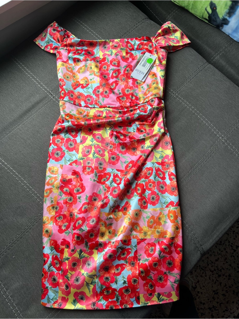 GUESS One-Shoulder Floral Cocktail Dress in Pink and Red me